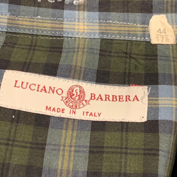 LUCIANO BARBERA Size 44 Blue Olive Plaid Cotton One Pocket Long Sleeve Shirt - Picture 6 of 7